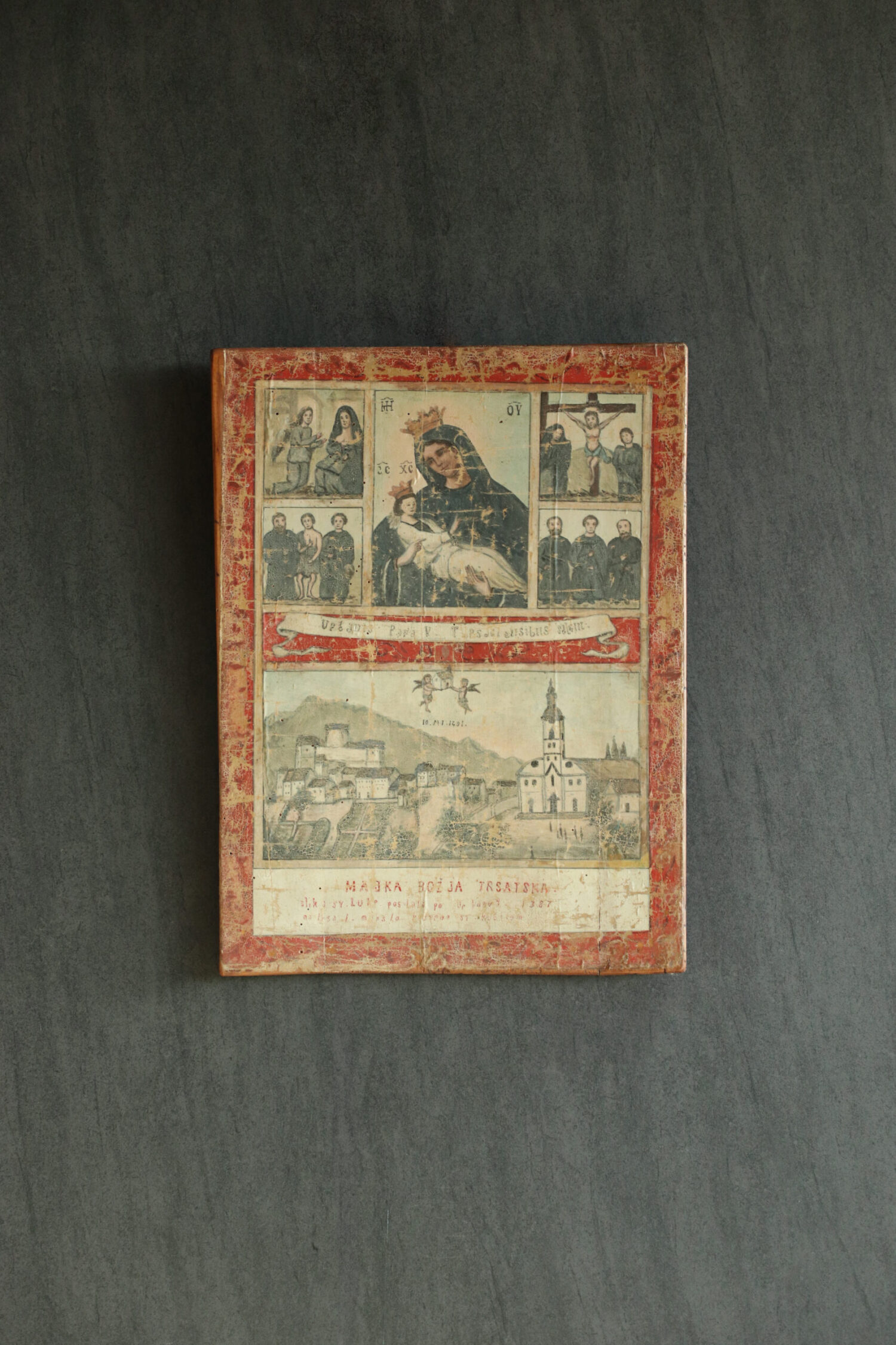 Ahşap Panel Üzerine Uygulanmış El Boyaması Antika Kumaş - Görsel 1